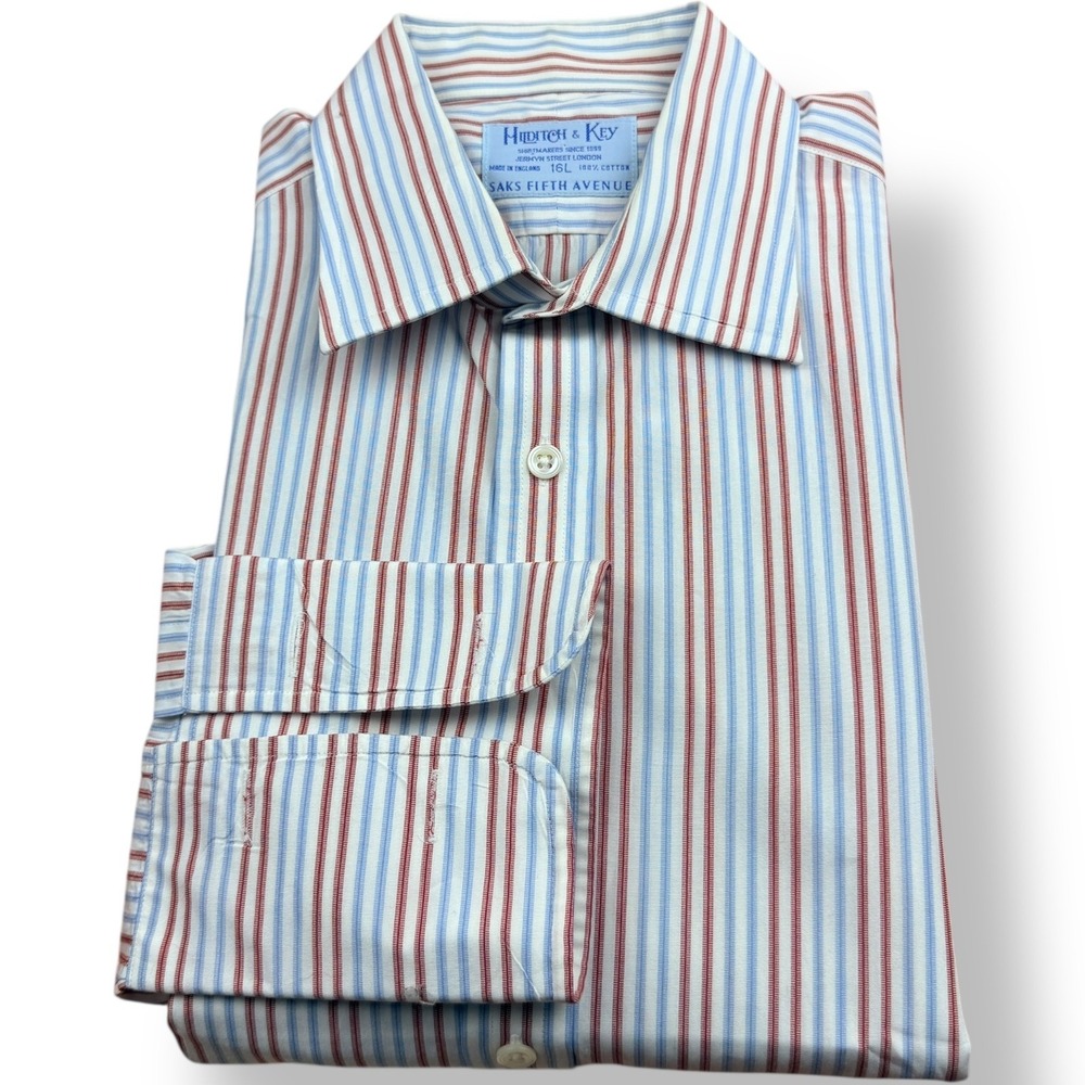 Hilditch & Key Mens 16L Striped Button‎ Down Shirt Saks Fifth Avenue Cotton